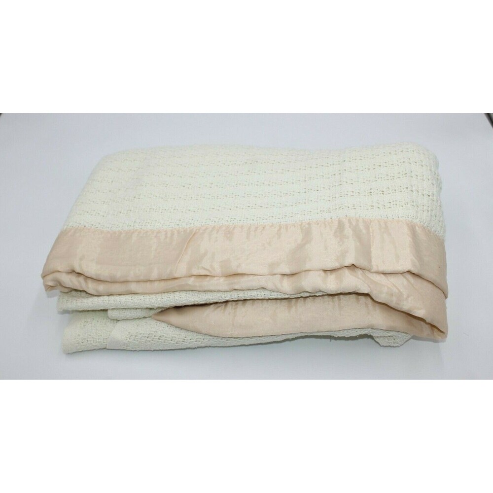 70x84" Satin Edge Ivory Off White Blanket Woven Pink Edges Large Rare HTF Waffle